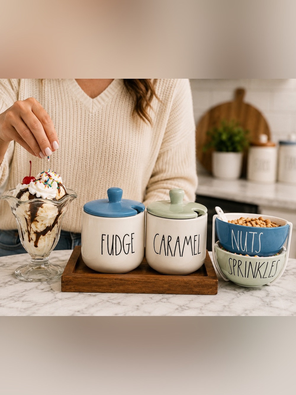 Rae Dunn Ice Cream Topping Set – FUDGE, CARAMEL, NUTS & SPRINKLE